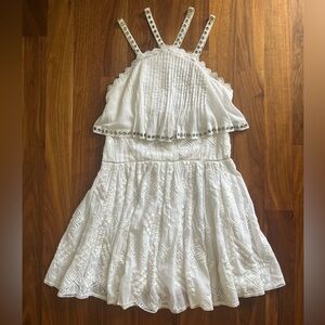 White Rebecca Taylor tiered halter dress w/ silver grommets + embroidery US0-4